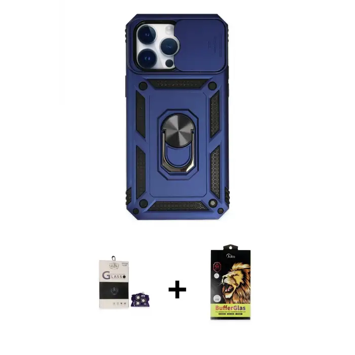 ieg™ iPhone 14 Pro Max Kılıf Ahenk Klasik - Siyah Buffer Cam Ekran Koruyucu + Bilvis Titan Kamera Lens - GS
