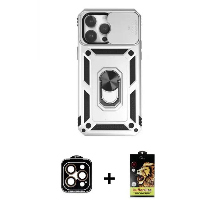 ieg™ iPhone 14 Pro Max Kılıf Ahenk Klasik - Siyah Buffer Cam Ekran Koruyucu + PVD Metal Kamera Lens - TU