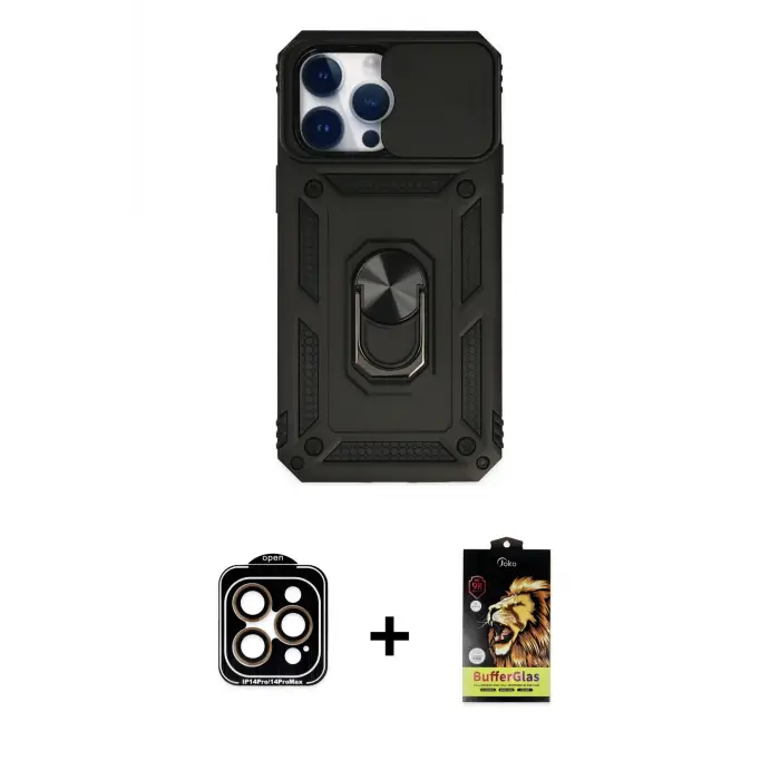 ieg™ iPhone 14 Pro Max Kılıf Ahenk Klasik - Siyah Buffer Cam Ekran Koruyucu + PVD Metal Kamera Lens - TU