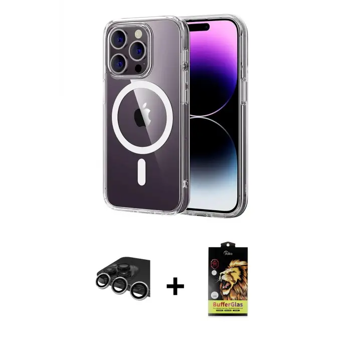 ieg™ iPhone 14 Pro Max Kılıf Ahenk Minimal Serisi - Siyah Buffer Cam Ekran Koruyucu + Raze Metal Kamera Lens - GS