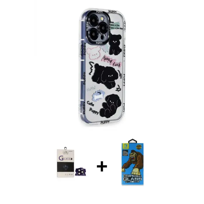 ieg™ iPhone 14 Pro Max Kılıf Ahenk Modern Serisi - Siyah 18D Cam Ekran Koruyucu + Bilvis Titan Kamera Lens - SH