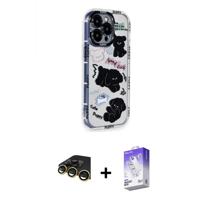 ieg™ iPhone 14 Pro Max Kılıf Ahenk Modern Serisi - Siyah Bilvis 5in1 3D Magic Cam Ekran Koruyucu + Raze Metal Kamera Lens - GD