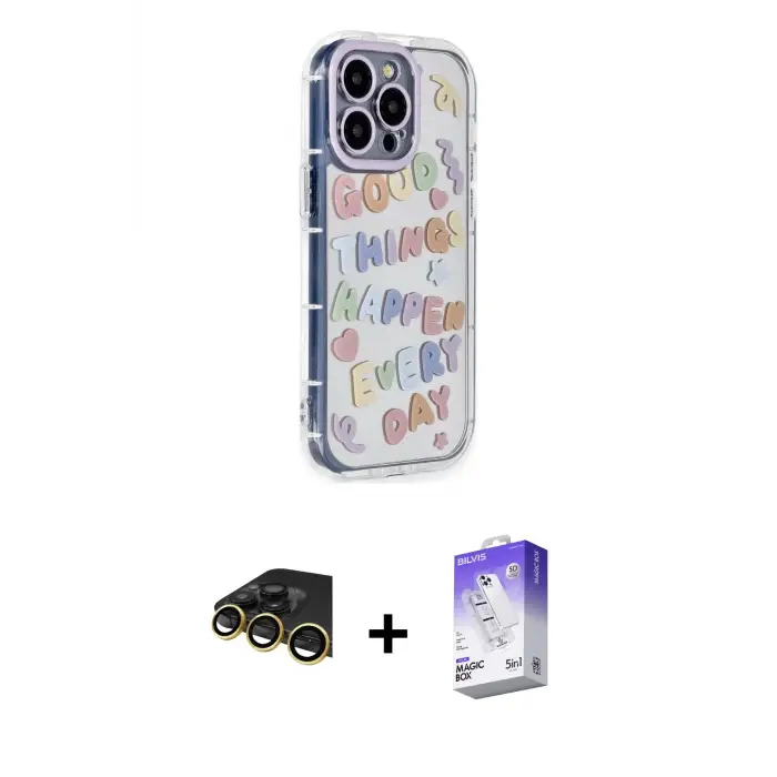 ieg™ iPhone 14 Pro Max Kılıf Ahenk Modern Serisi - Siyah Bilvis 5in1 3D Magic Cam Ekran Koruyucu + Raze Metal Kamera Lens - GD