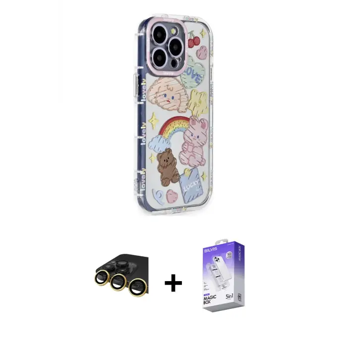ieg™ iPhone 14 Pro Max Kılıf Ahenk Modern Serisi - Siyah Bilvis 5in1 3D Magic Cam Ekran Koruyucu + Raze Metal Kamera Lens - GD