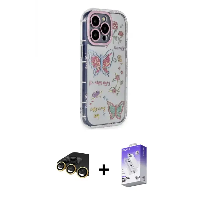 ieg™ iPhone 14 Pro Max Kılıf Ahenk Modern Serisi - Siyah Bilvis 5in1 3D Magic Cam Ekran Koruyucu + Raze Metal Kamera Lens - GD