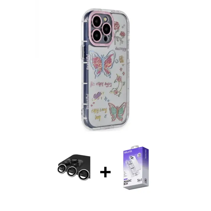 ieg™ iPhone 14 Pro Max Kılıf Ahenk Modern Serisi - Siyah Bilvis 5in1 3D Magic Cam Ekran Koruyucu + Raze Metal Kamera Lens - GS