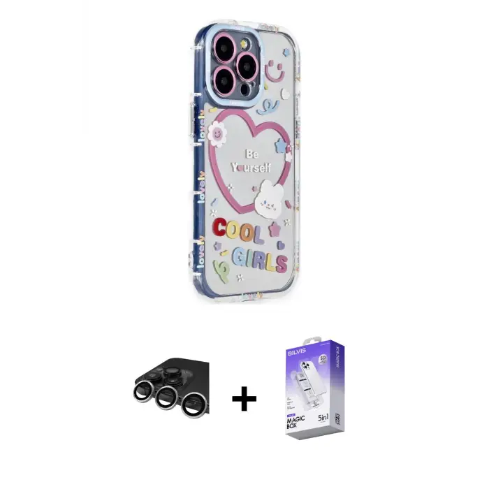 ieg™ iPhone 14 Pro Max Kılıf Ahenk Modern Serisi - Siyah Bilvis 5in1 3D Magic Cam Ekran Koruyucu + Raze Metal Kamera Lens - GS