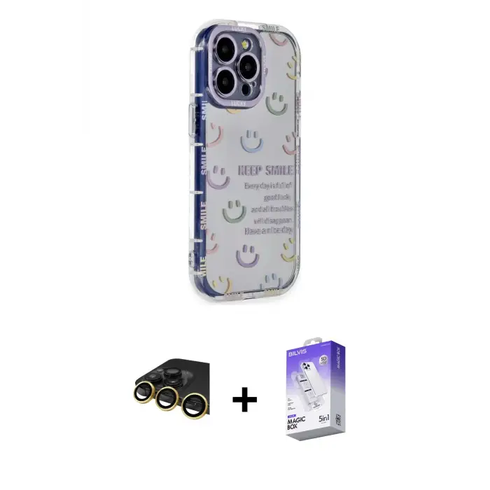 ieg™ iPhone 14 Pro Max Kılıf Ahenk Modern Serisi - Siyah Bilvis 5in1 3D Magic Cam Ekran Koruyucu + Raze Metal Kamera Lens - GD