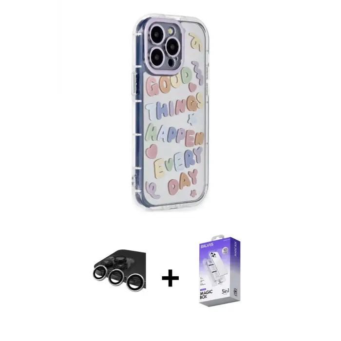 ieg™ iPhone 14 Pro Max Kılıf Ahenk Modern Serisi - Siyah Bilvis 5in1 3D Magic Cam Ekran Koruyucu + Raze Metal Kamera Lens - GS