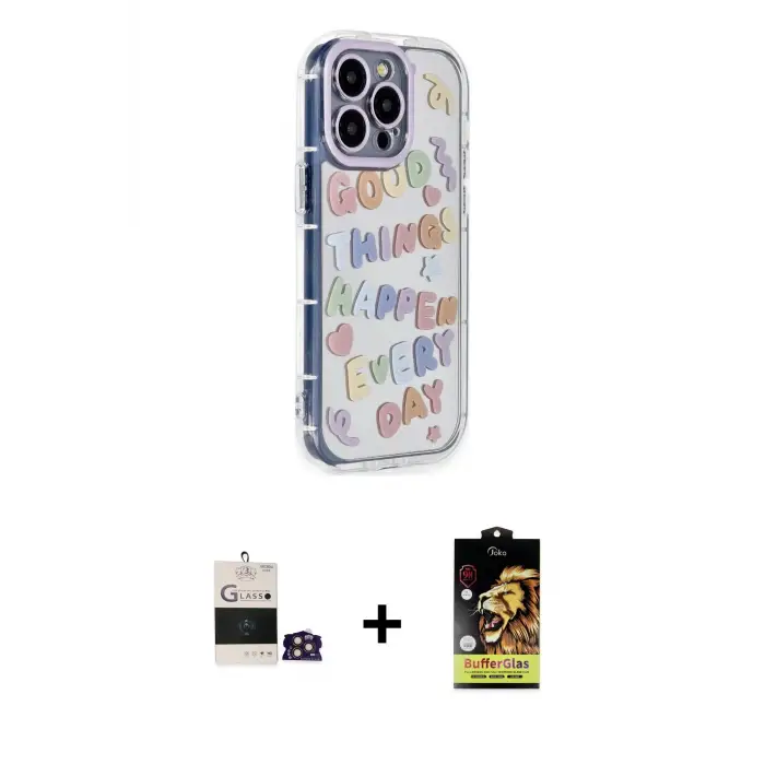 ieg™ iPhone 14 Pro Max Kılıf Ahenk Modern Serisi - Siyah Buffer Cam Ekran Koruyucu + Bilvis Titan Kamera Lens - GD