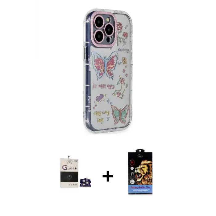 ieg™ iPhone 14 Pro Max Kılıf Ahenk Modern Serisi - Siyah Buffer Hayalet Cam Ekran Koruyucu + Bilvis Titan Kamera Lens - GS