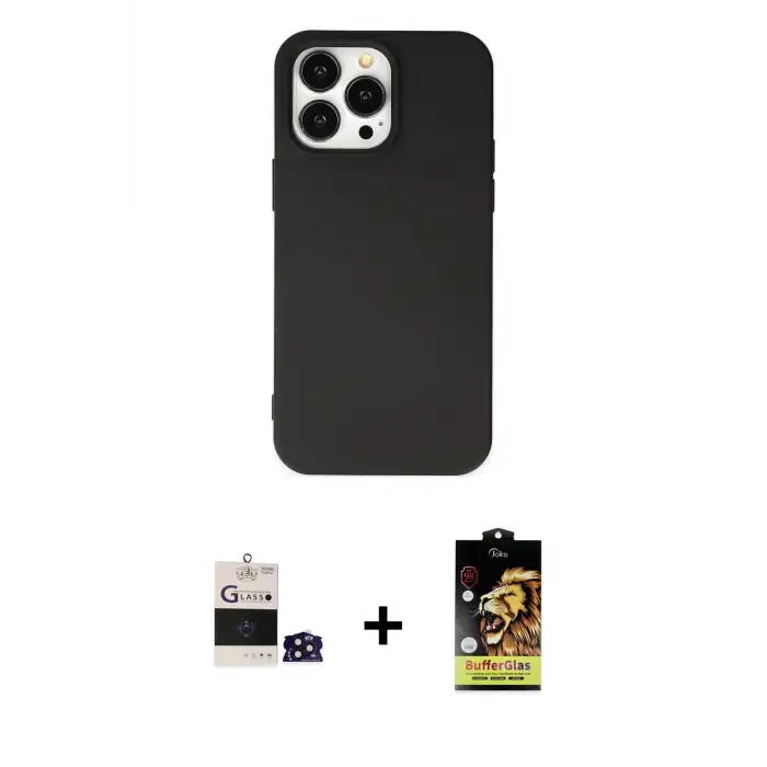 ieg™ iPhone 14 Pro Max Kılıf Ahenk Serisi - Siyah Buffer Cam Ekran Koruyucu + Bilvis Titan Kamera Lens - DNMR