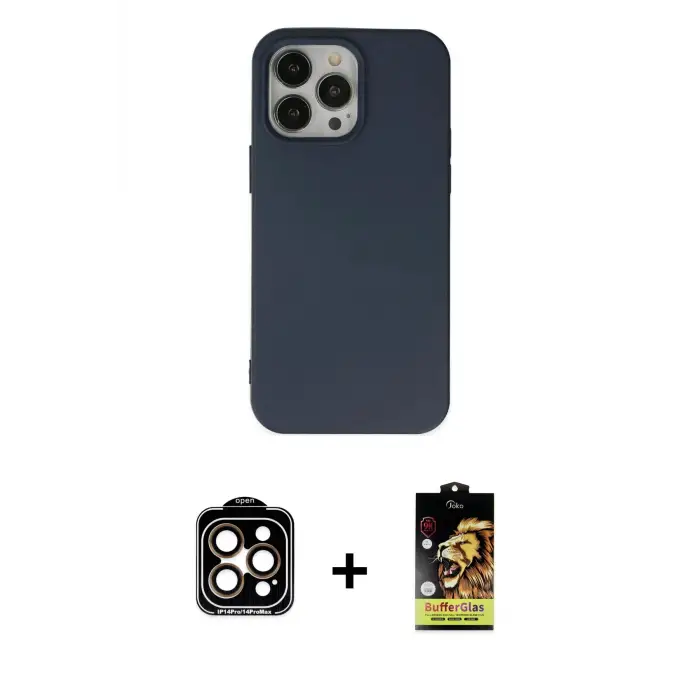 ieg™ iPhone 14 Pro Max Kılıf Ahenk Serisi - Siyah Buffer Cam Ekran Koruyucu + PVD Metal Kamera Lens - TU