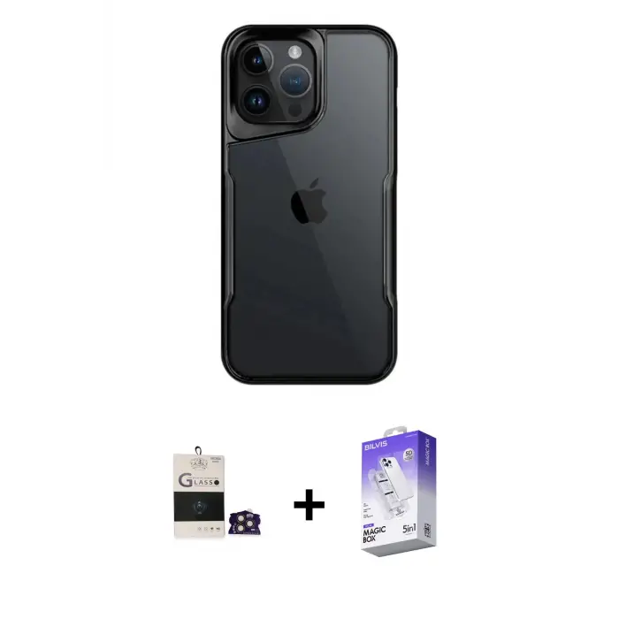ieg™ iPhone 14 Pro Max Kılıf Akış Çizgi Koleksiyonu - Siyah Bilvis 5in1 3D Magic Cam Ekran Koruyucu + Bilvis Titan Kamera Lens - GD
