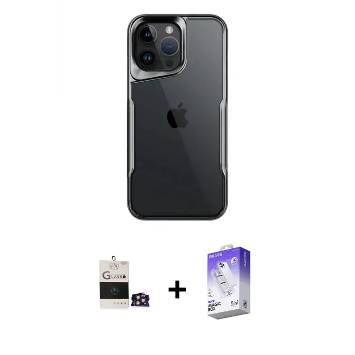 ieg™ iPhone 14 Pro Max Kılıf Akış Çizgi Koleksiyonu - Siyah Bilvis 5in1 3D Magic Cam Ekran Koruyucu + Bilvis Titan Kamera Lens - GD