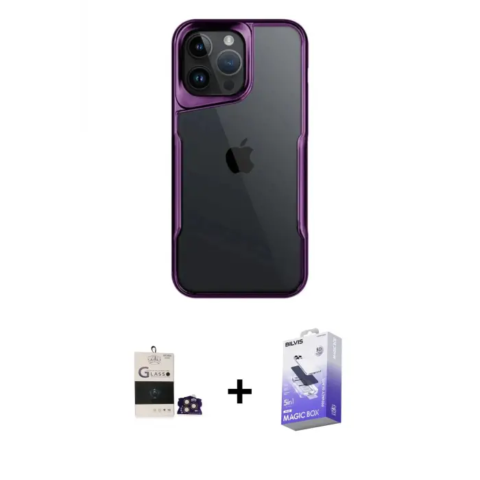 ieg™ iPhone 14 Pro Max Kılıf Akış Çizgi Koleksiyonu - Siyah Bilvis 5in1 5D Magic Hayalet Cam Ekran Koruyucu + Bilvis Titan Kamera Lens - GD