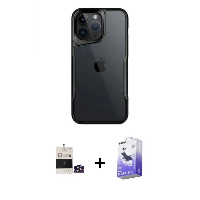 ieg™ iPhone 14 Pro Max Kılıf Akış Çizgi Koleksiyonu - Siyah Bilvis 5in1 5D Magic Hayalet Cam Ekran Koruyucu + Bilvis Titan Kamera Lens - GD