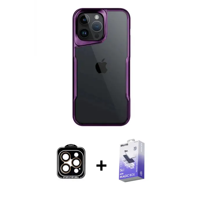 ieg™ iPhone 14 Pro Max Kılıf Akış Çizgi Koleksiyonu - Siyah Bilvis 5in1 5D Magic Hayalet Cam Ekran Koruyucu + PVD Metal Kamera Lens - TU
