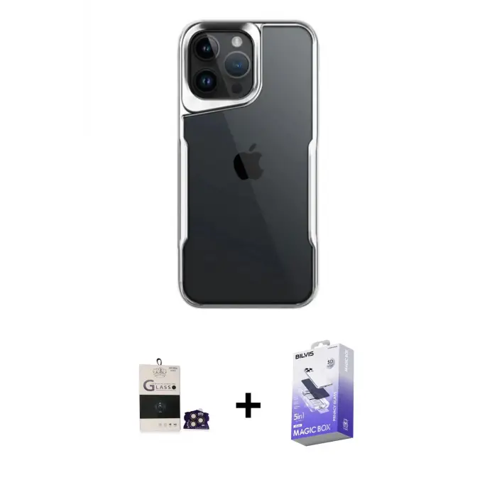 ieg™ iPhone 14 Pro Max Kılıf Akış Çizgi Koleksiyonu - Siyah Bilvis 5in1 5D Magic Hayalet Cam Ekran Koruyucu + Bilvis Titan Kamera Lens - GD