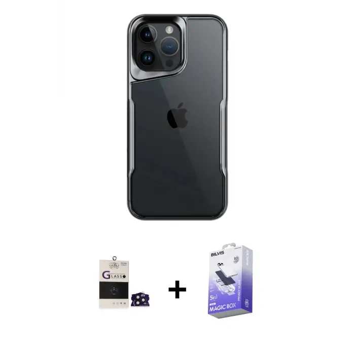 ieg™ iPhone 14 Pro Max Kılıf Akış Çizgi Koleksiyonu - Siyah Bilvis 5in1 5D Magic Hayalet Cam Ekran Koruyucu + Bilvis Titan Kamera Lens - DNMR