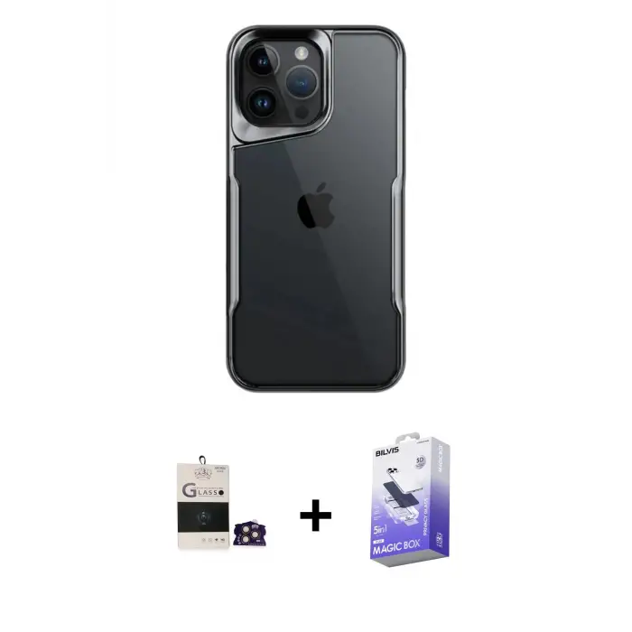 ieg™ iPhone 14 Pro Max Kılıf Akış Çizgi Koleksiyonu - Siyah Bilvis 5in1 5D Magic Hayalet Cam Ekran Koruyucu + Bilvis Titan Kamera Lens - GD