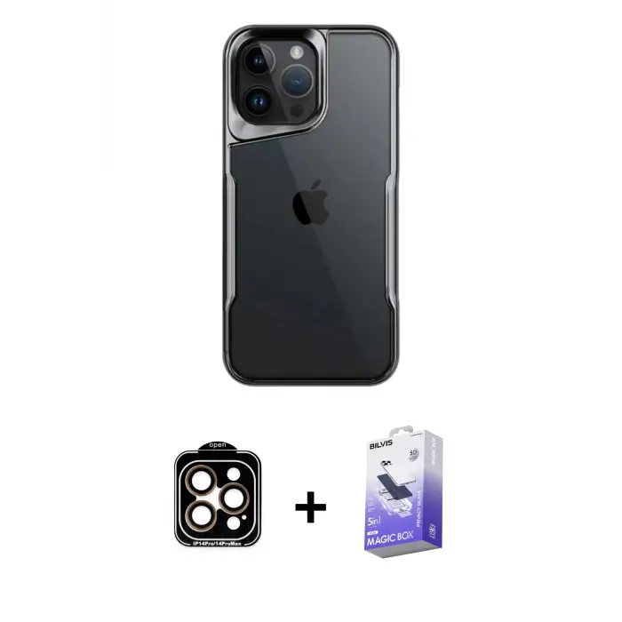 ieg™ iPhone 14 Pro Max Kılıf Akış Çizgi Koleksiyonu - Siyah Bilvis 5in1 5D Magic Hayalet Cam Ekran Koruyucu + PVD Metal Kamera Lens - TU