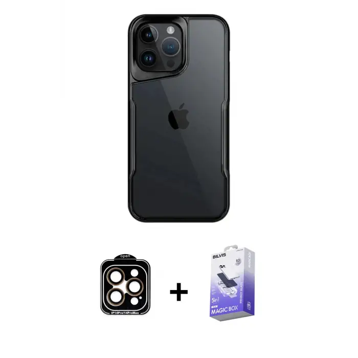 ieg™ iPhone 14 Pro Max Kılıf Akış Çizgi Koleksiyonu - Siyah Bilvis 5in1 5D Magic Hayalet Cam Ekran Koruyucu + PVD Metal Kamera Lens - TU