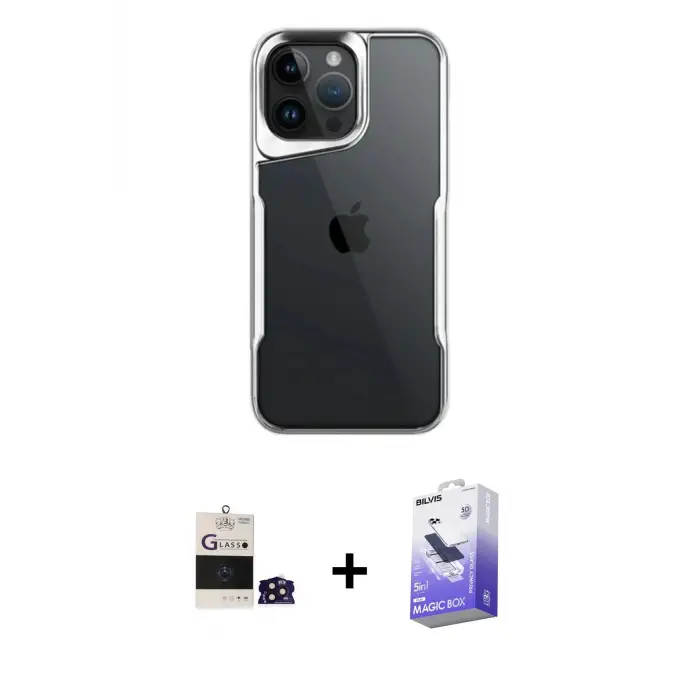ieg™ iPhone 14 Pro Max Kılıf Akış Çizgi Koleksiyonu - Siyah Bilvis 5in1 5D Magic Hayalet Cam Ekran Koruyucu + Bilvis Titan Kamera Lens - DNMR