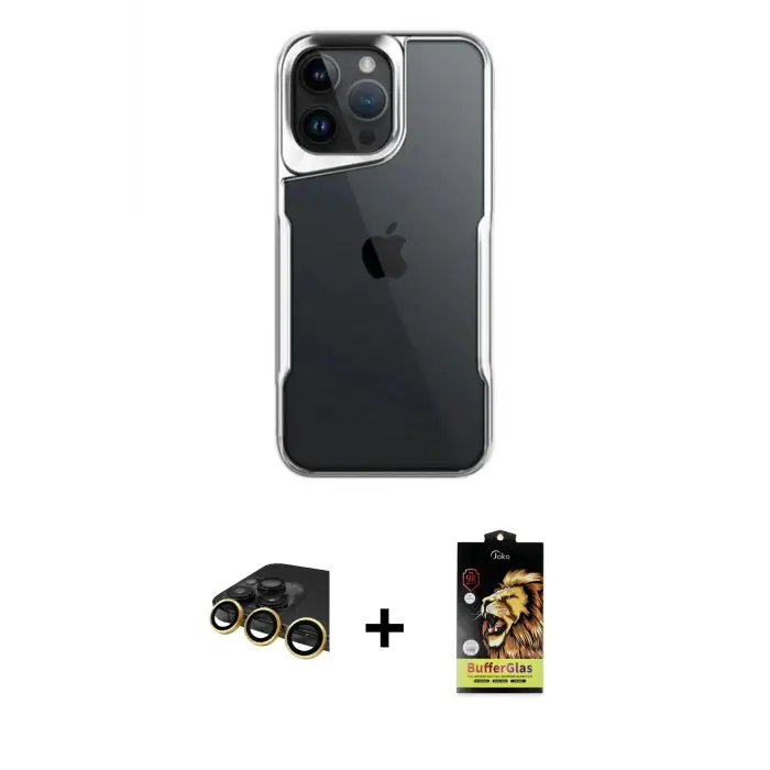 ieg™ iPhone 14 Pro Max Kılıf Akış Çizgi Koleksiyonu - Siyah Buffer Cam Ekran Koruyucu + Raze Metal Kamera Lens - GD