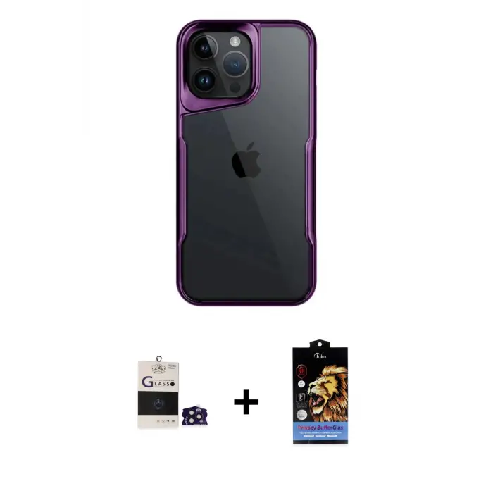 ieg™ iPhone 14 Pro Max Kılıf Akış Çizgi Koleksiyonu - Siyah Buffer Hayalet Cam Ekran Koruyucu + Bilvis Titan Kamera Lens - DNMR
