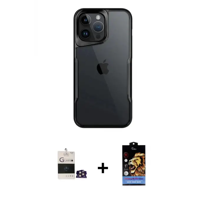 ieg™ iPhone 14 Pro Max Kılıf Akış Çizgi Koleksiyonu - Siyah Buffer Hayalet Cam Ekran Koruyucu + Bilvis Titan Kamera Lens - GD