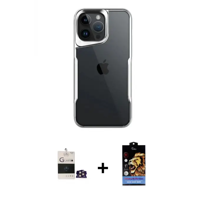 ieg™ iPhone 14 Pro Max Kılıf Akış Çizgi Koleksiyonu - Siyah Buffer Hayalet Cam Ekran Koruyucu + Bilvis Titan Kamera Lens - GD