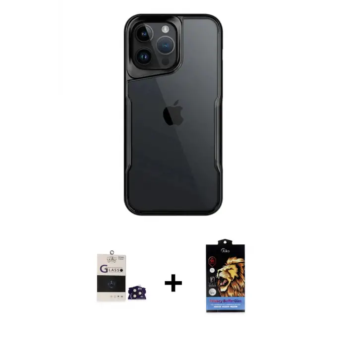 ieg™ iPhone 14 Pro Max Kılıf Akış Çizgi Koleksiyonu - Siyah Buffer Hayalet Cam Ekran Koruyucu + Bilvis Titan Kamera Lens - DNMR