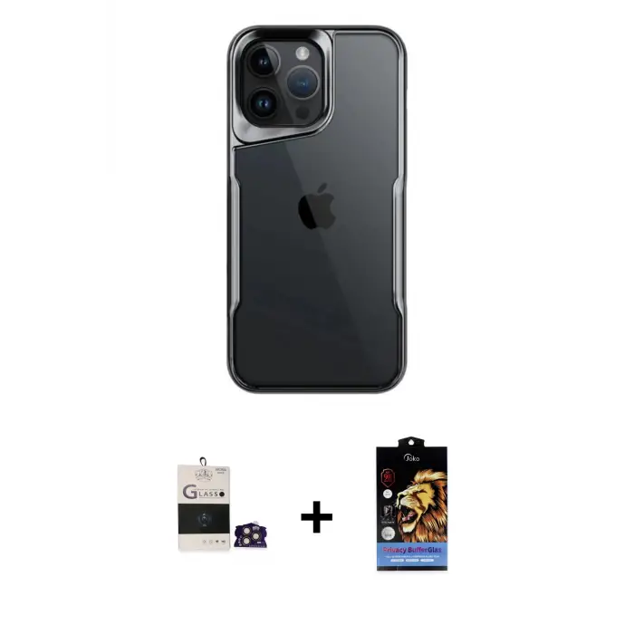 ieg™ iPhone 14 Pro Max Kılıf Akış Çizgi Koleksiyonu - Siyah Buffer Hayalet Cam Ekran Koruyucu + Bilvis Titan Kamera Lens - GD