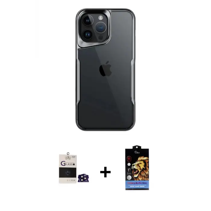 ieg™ iPhone 14 Pro Max Kılıf Akış Çizgi Koleksiyonu - Siyah Buffer Hayalet Cam Ekran Koruyucu + Bilvis Titan Kamera Lens - DNMR