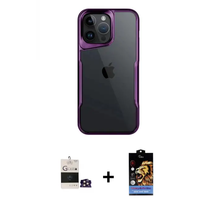 ieg™ iPhone 14 Pro Max Kılıf Akış Çizgi Koleksiyonu - Siyah Buffer Hayalet Cam Ekran Koruyucu + Bilvis Titan Kamera Lens - GD