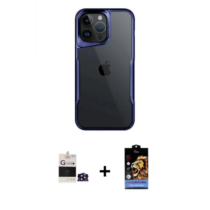 ieg™ iPhone 14 Pro Max Kılıf Akış Çizgi Koleksiyonu - Siyah Buffer Hayalet Cam Ekran Koruyucu + Bilvis Titan Kamera Lens - DNMR