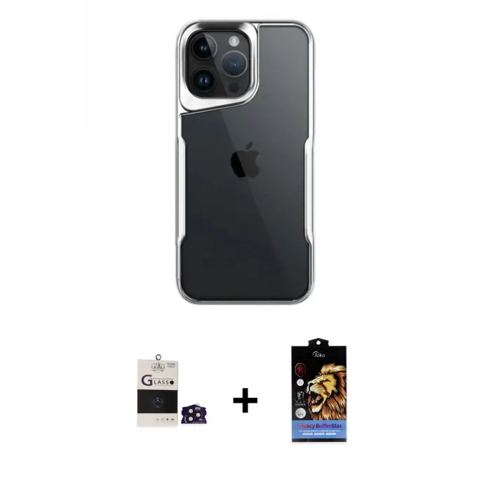 ieg™ iPhone 14 Pro Max Kılıf Akış Çizgi Koleksiyonu - Siyah Buffer Hayalet Cam Ekran Koruyucu + Bilvis Titan Kamera Lens - DNMR