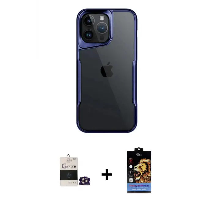 ieg™ iPhone 14 Pro Max Kılıf Akış Çizgi Koleksiyonu - Siyah Buffer Hayalet Cam Ekran Koruyucu + Bilvis Titan Kamera Lens - GD