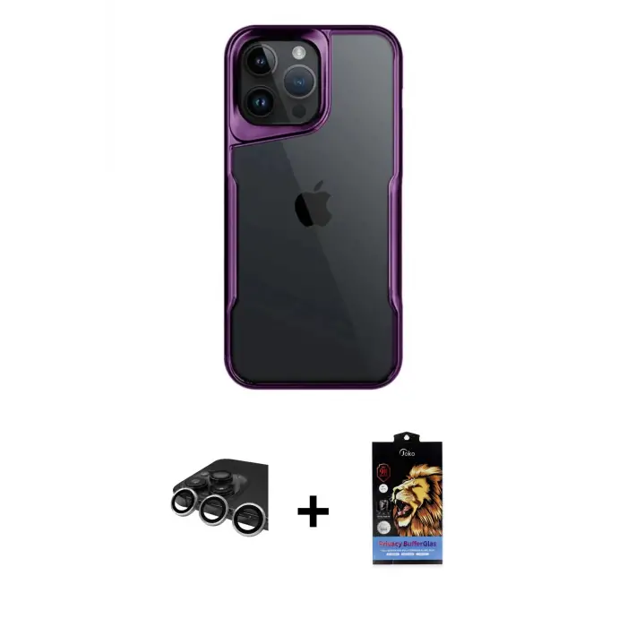 ieg™ iPhone 14 Pro Max Kılıf Akış Çizgi Koleksiyonu - Siyah Buffer Hayalet Cam Ekran Koruyucu + Raze Metal Kamera Lens - GS