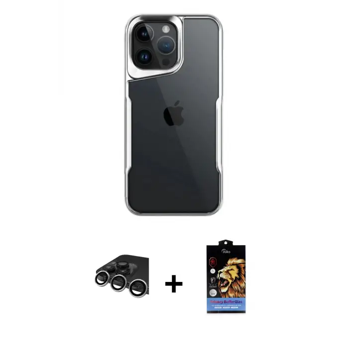ieg™ iPhone 14 Pro Max Kılıf Akış Çizgi Koleksiyonu - Siyah Buffer Hayalet Cam Ekran Koruyucu + Raze Metal Kamera Lens - GS