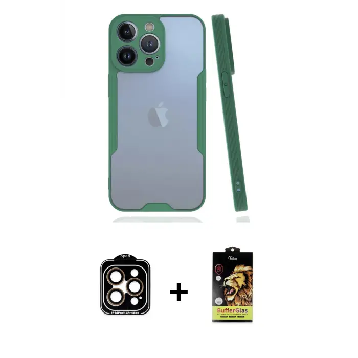 ieg™ iPhone 14 Pro Max Kılıf Atlas Asil Serisi - Siyah Buffer Cam Ekran Koruyucu + PVD Metal Kamera Lens - TU