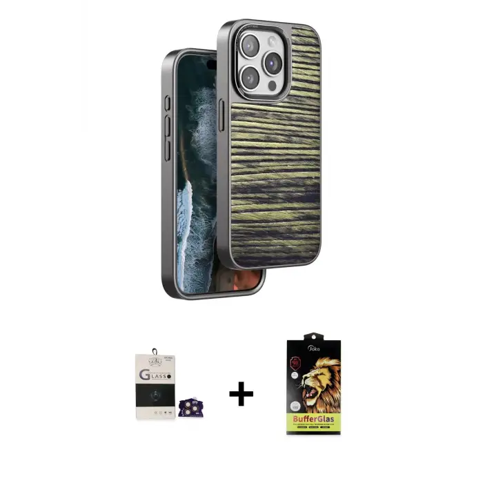 ieg™ iPhone 14 Pro Max Kılıf Atlas Minimal Özel Seri - Siyah Buffer Cam Ekran Koruyucu + Bilvis Titan Kamera Lens - GD