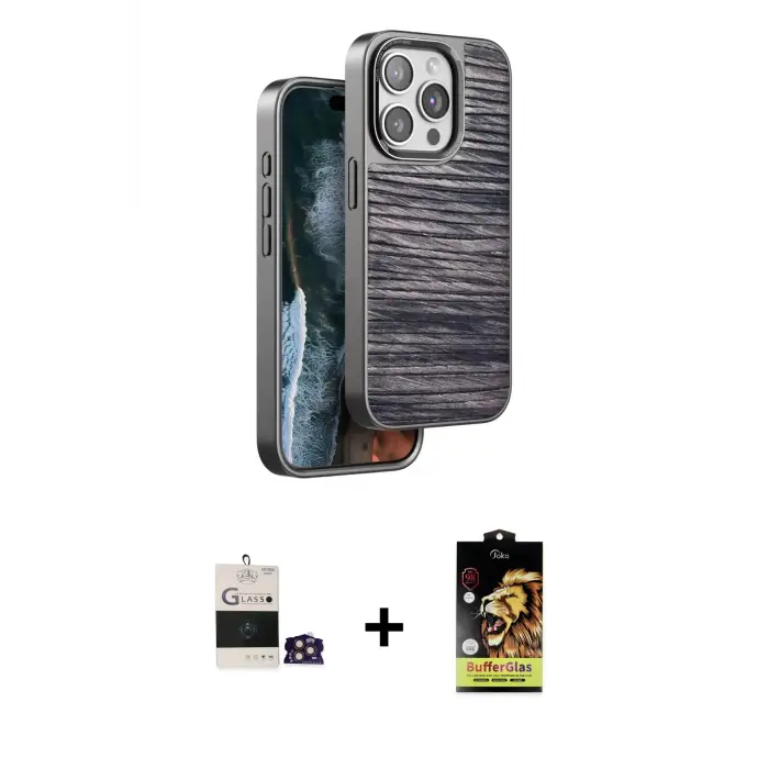 ieg™ iPhone 14 Pro Max Kılıf Atlas Minimal Özel Seri - Siyah Buffer Cam Ekran Koruyucu + Bilvis Titan Kamera Lens - GD