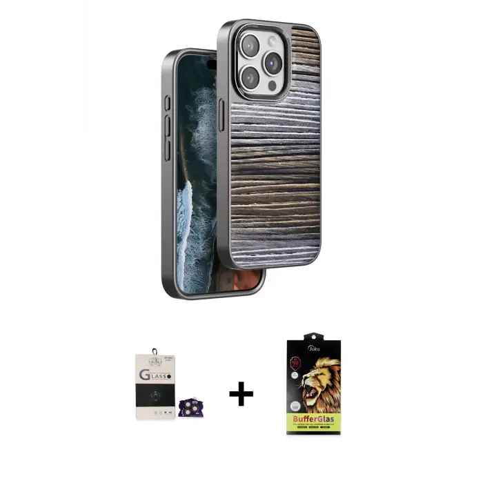 ieg™ iPhone 14 Pro Max Kılıf Atlas Minimal Özel Seri - Siyah Buffer Cam Ekran Koruyucu + Bilvis Titan Kamera Lens - GD