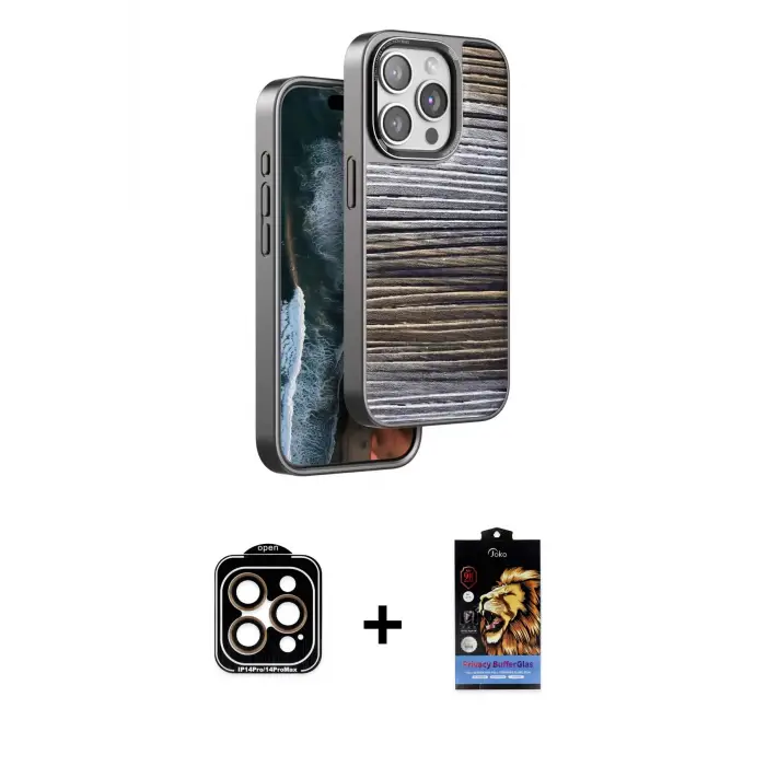 ieg™ iPhone 14 Pro Max Kılıf Atlas Minimal Özel Seri - Siyah Buffer Hayalet Cam Ekran Koruyucu + PVD Metal Kamera Lens - TU