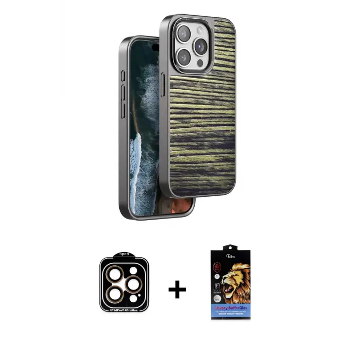 ieg™ iPhone 14 Pro Max Kılıf Atlas Minimal Özel Seri - Siyah Buffer Hayalet Cam Ekran Koruyucu + PVD Metal Kamera Lens - TU