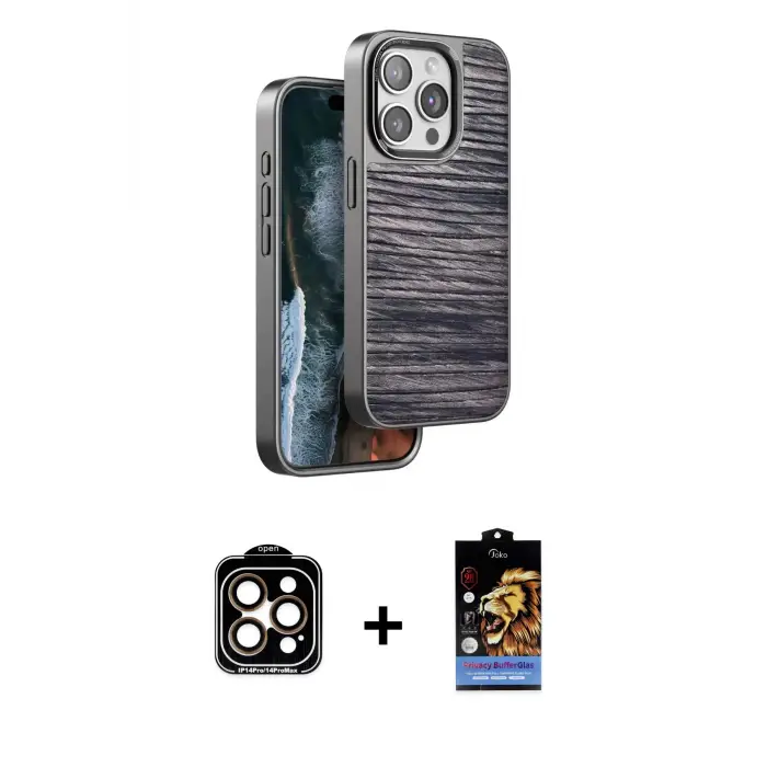 ieg™ iPhone 14 Pro Max Kılıf Atlas Minimal Özel Seri - Siyah Buffer Hayalet Cam Ekran Koruyucu + PVD Metal Kamera Lens - TU