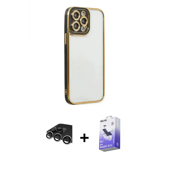 ieg™ iPhone 14 Pro Max Kılıf Çekirdek Klasik Serisi - Siyah Bilvis 5in1 5D Magic Hayalet Cam Ekran Koruyucu + Raze Metal Kamera Lens - GS