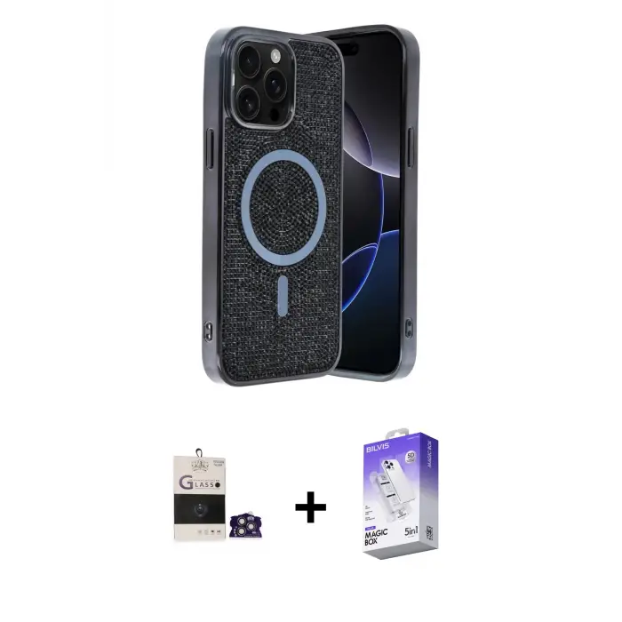 ieg™ iPhone 14 Pro Max Kılıf Eksen Çizgi - Siyah Bilvis 5in1 3D Magic Cam Ekran Koruyucu + Bilvis Titan Kamera Lens - GS